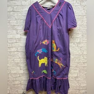 Blair vintage dress nightgown women’s‎ XL embroidered cats fish birds purple